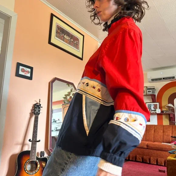 1990s retro color blocked embroidered drop sleeve windbreaker with boat flags - - Picture 10 of 13